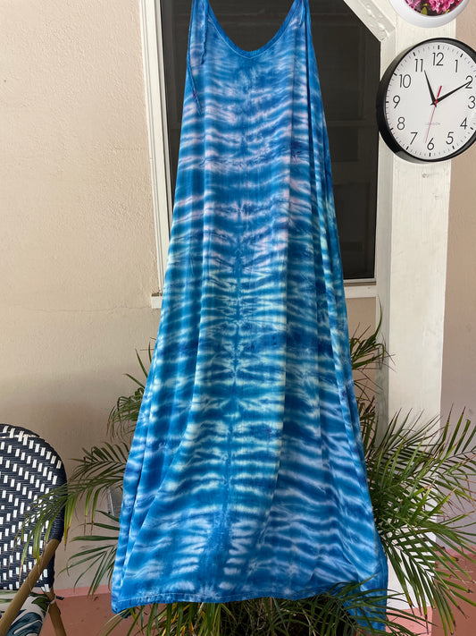 Soft Rayon Day Dress Tie-Dye Blues free size (4-12)
